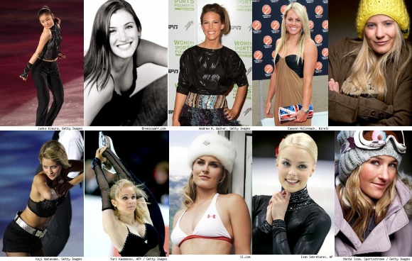 ▲ 위쪽 시계방향부터 한국 피겨스케이팅 김연아, 미국 봅슬레이의 브리 샤프, 호주 스노보드 토라 브라이트, 영국 스키의 케미 알코트, 미국 스노보드 안나테너, 캐나다 아이스댄싱의 태니스 벨빈, 우크라이나 피겨스케이팅에 이니라 모브챈, 미국 스키의 린제이 본, 핀란드 피겨스케이팅 키이라 코르피, 미국 스노보드 그레첸블레일러 선수. ⓒ 뉴데일리