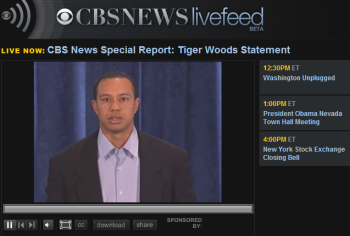 ▲ 한국시각으로 20일 오전 1시 타이거 우즈의 기자회견을 생중계 하고 있는 CBS방송. ⓒ 뉴데일리