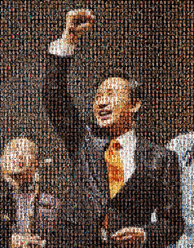 ▲ 정책 현장에서 만난 인사 500명의 사진을 이명박 대통령의 모습으로 모자이크한 작품 '일로영일(一勞永逸)' ⓒ 뉴데일리 <=청와대 사진기자단 보도사진전>