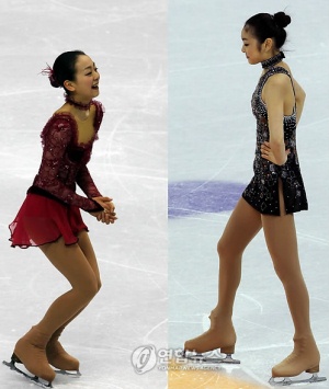 ▲ 24일 오전 (한국시간) 밴쿠버 동계올림픽 여자 싱글 피겨 쇼트프로그램이 열린 퍼시픽 콜리시움에서 경기를 한 김연아와 아사다 마오. 왼쪽은 경기 후 기뻐하는 마오. 오른쪽은 역대 최고점 78.50점 연기를 펼친 후 자신감 있는 표정의 김연아다. ⓒ 연합뉴스