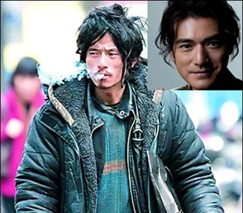 ▲ 중국 인터넷상에서 화제가 되고 있는 일명 '얼짱 거지'와 사진 오른쪽 영화배우 금성무 ⓒ&nbsp;온바오닷컴 캡처&nbsp;