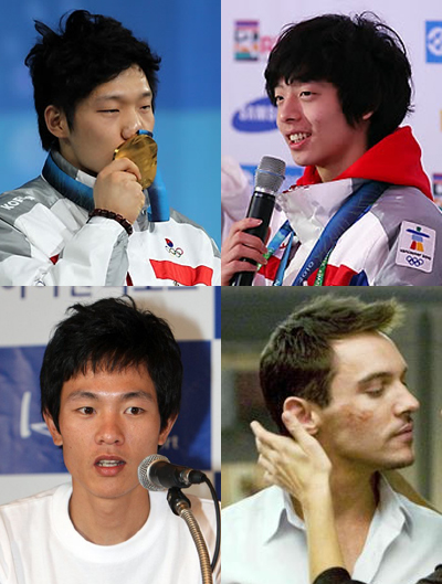 ▲ 윗줄&nbsp;왼쪽부터 '키스를 부르는 입술' 1위 모태범, 2위 이정수, 3위 김현기, 영화배우 조나단 리스 마이러스&nbsp;ⓒ 뉴데일리