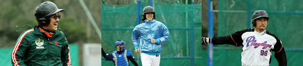 ▲ '구르믈 버서난 달처럼' 감독과 출연진이&nbsp;'천하무적 야구단'과의&nbsp;야구 경기를 앞두고 연습경기에 임하고 있다(왼쪽부터 이준익 감독, 백성현, 황정민)&nbsp;ⓒ 뉴데일리