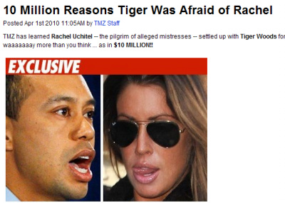 ▲ 타이거우즈가 내연녀 레이첼 우치텔에게 1000만 달러를 지불했다는&nbsp;ⓒ TMZ 보도 캡쳐