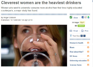 ▲ 대학을 나온 여성이 고졸 등 상대적으로 저학력인 여성보다 술을 많이 마신다는 연구결과가 나왔다. ⓒ&nbsp;텔레그래프 캡처&nbsp;
