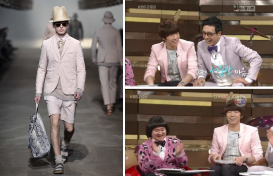 ▲ 겐조옴므 - 2010 봄여름 컬렉션(좌)과 KBS 승승장구에 출연한 김승우와 2PM 우영(우). ⓒ 뉴데일리