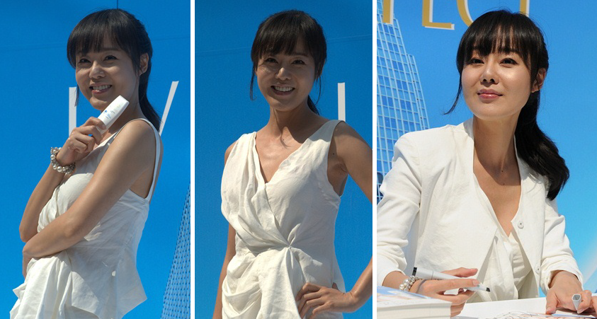 ▲ 월드스타 김윤진이 25일 오전 서울 소공동 롯데백화점 본점 야외광장에서 열린 유브이 퍼펙트 자외선차단제 아시아 판매 1500만개 돌파 행사에 참여해 포토월 앞에서 포즈를 취하고 있다. ⓒ&nbsp;박지현 기자&nbsp;