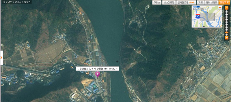 ▲ 이번에 낙동강 살리기 사업구역에 추가된 김해시 상동면 매리마을 인근의 위성 사진. 사업에 포함안된다면 이상할 정도로 홍수소통이 어려운 병목지역임을 알 수 있다. ⓒ 뉴데일리