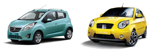 ▲ 왼쪽부터 GM대우의 '마티즈 크리에이티브'와 기아의 '모닝' 자동차 ⓒ 뉴데일리