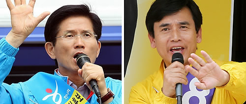 ▲ 6.2지방선거 한나라당 김문수(왼쪽 사진. 김문수 이동사무실 제공) 경기지사 후보와 국민참여당 유시민 후보가 30일 경기도 고양과 안산에서 각각 지지를 호소하고 있다. ⓒ연합뉴스