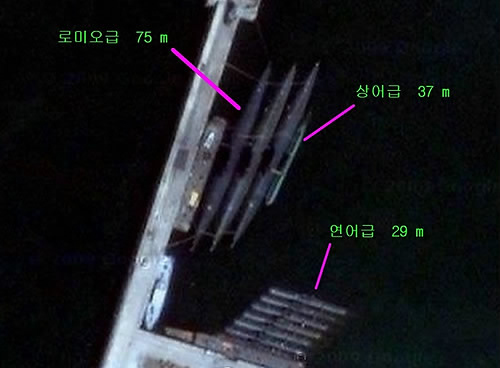 ▲ 미래희망연대 송영선 의원이 북한 국방위가 공식 부인한 연어급 잠수함 보유와 중어뢰 장착 불가 주장에 반론을 제기하며 구글어스로 촬영된 북한 비파곶 해군기지의 사진을 공개했다. 사진 아래의 잠수정이 130톤 연어급(전장 29m 폭 2.75m)의 잠수정으로 식별된다고 주장했다. ⓒ연합뉴스