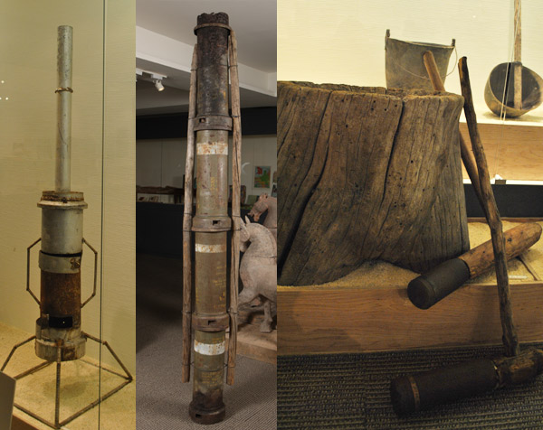 ▲ 장약 박스로 만든 난로(좌)와 굴뚝(중), 그리고 중공군의 방망이 수류탄으로 만들어진&nbsp;절굿공이(우)