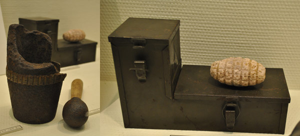▲ 포탄 파편으로 만든 작은 절굿공이(좌)와 실탄박스를 재활용해 만든 보관함(우)