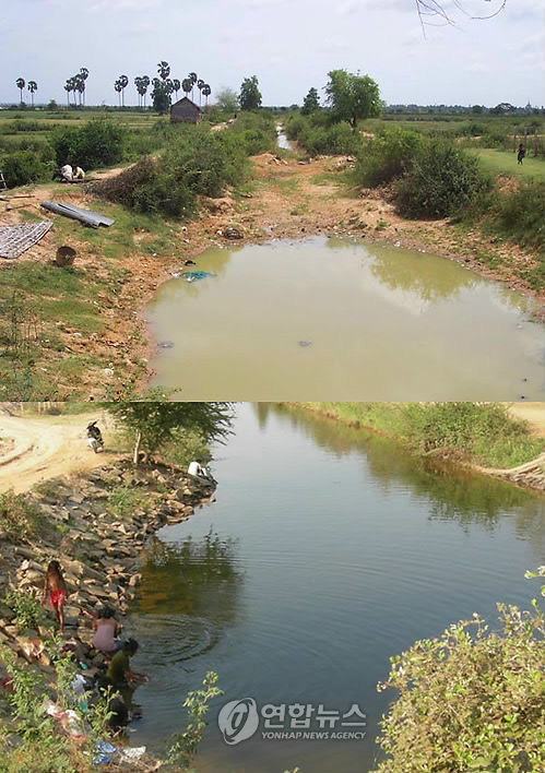 ▲ 캄보디아의 타목저수지 근처 수로. 위사진은 저수지 보수 전 썩은물이 고인 모습니다. 아래는 보수공사 완료후의 맑은 물이다. ⓒ 뉴데일리