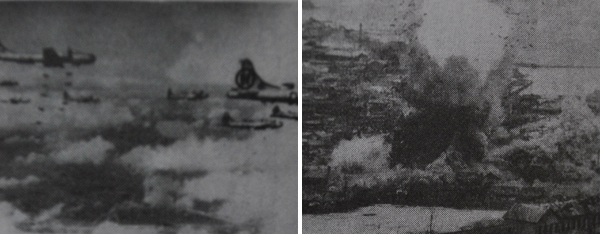 ▲ 유엔군의 항공기에 의한 폭격(좌)과 원산정유소 폭파장면(우)