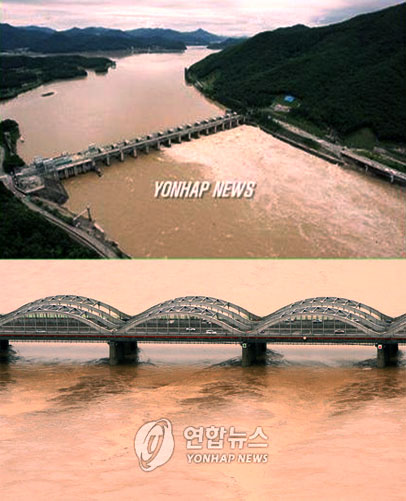 ▲ 홍수 때 팔당댐과 한강. 시뻘건 흙탕물이 며칠씩 계속된다. ⓒ 뉴데일리
