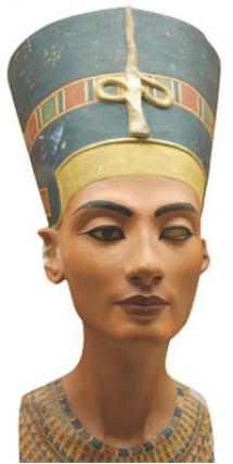 ▲ 네페르티티의 흉상. 기원전1350년 무렵 작품. 아름다운 투탕카멘의 왕비 네페르티티의 채색흉상.(베를린 박물관) 