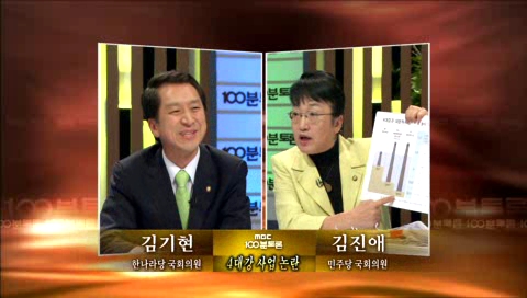 ▲ 김기현 의원(왼쪽)이 수심도 대운하보다 깊어졌다고 그림을 들고 주장하는 김진애의원에게 반박하고 있다. ⓒ 뉴데일리