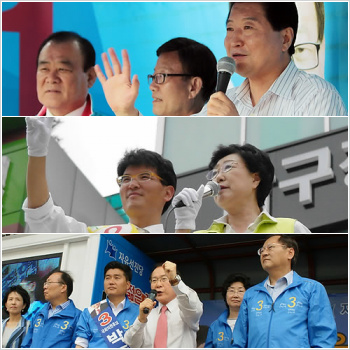 ▲ 7.28재보궐선거를 사흘 앞둔 마지막 주말인 24일, 충남 천안을 지역에 총출동해 표심잡기에 나선 한나라당(위),민주당(중간),자유선진당(아래) ⓒ연합뉴스