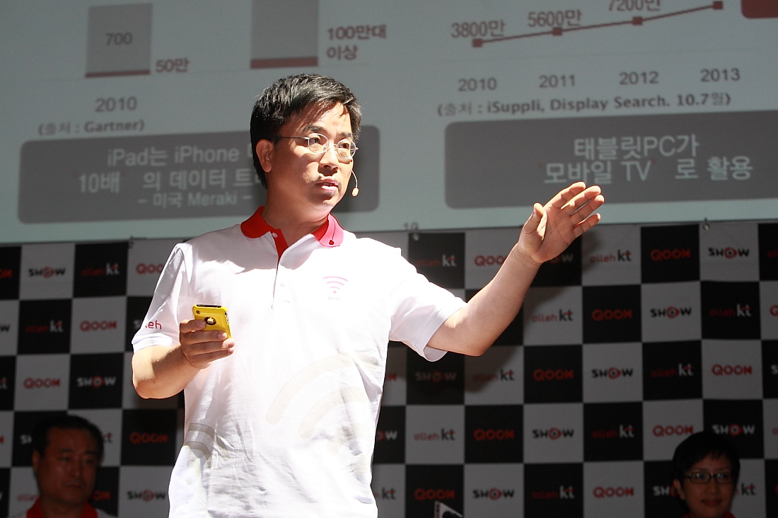 ▲ KT 개인고객부문 표현명 사장이 유무선 토탈 네트워크를 구축해 대한민국을 세계 최고의 '모바일 원더랜드'로 만들어 나가겠다며 발표하고 있다. ⓒ 뉴데일리