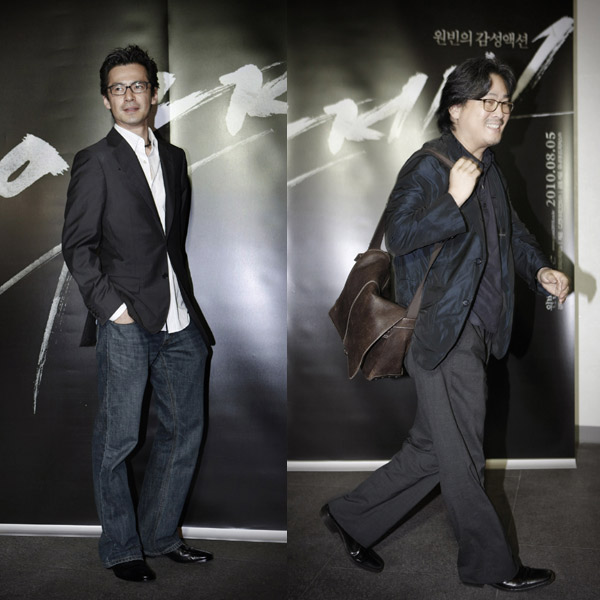 ▲ 영화 '아저씨' VIP 시사회에 참석한 이재한 감독(좌)과 박찬욱 감독(우) ⓒ 뉴데일리