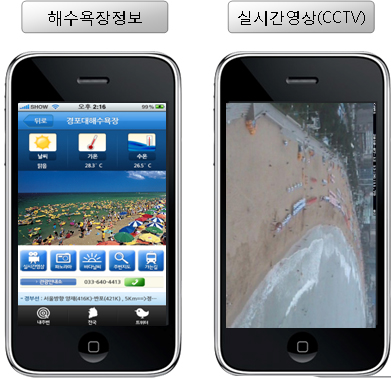 ▲ 아이폰용 해수욕장 실시간 정보 서비스 화면(오른쪽). ⓒ 뉴데일리