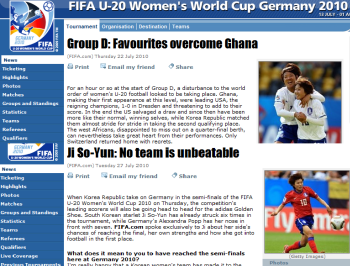 ▲ 지소연과 한국팀의 활약상을 전하고 있는 FIFA 홈페이지.