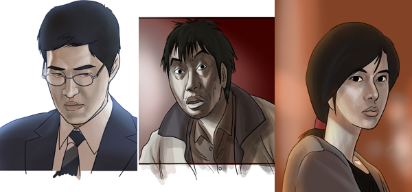 ▲ 윤태호 작가의 영화 <이끼> 캐리커처(왼쪽부터 유준상, 유해진, 유선) 