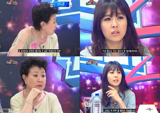 ▲ 지난 20일 방송된 Mnet '슈퍼스타 K2'의 심사위원으로 참석한 가수 현미(좌)와 옥주현(우)&nbsp;ⓒ 캡쳐화면