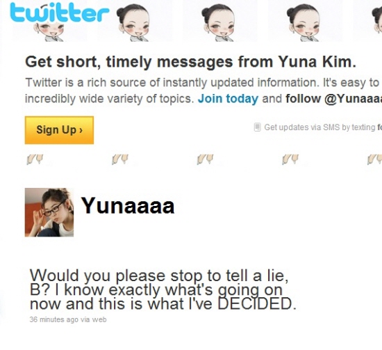▲ 김연아 트위터. 브라이언 오서코치에게 자신이 내린 결정에 대해 거짓말을 멈춰달라는 메시지를 담았다. ⓒ 트위터