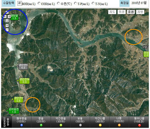 ▲ 2010년 7월 팔당호 BOD. 푸른원이 하류 노란 원이 상류. 양평에 2.9이던 수치가 댐 근처엔 1.5로 낮아진다. ⓒ