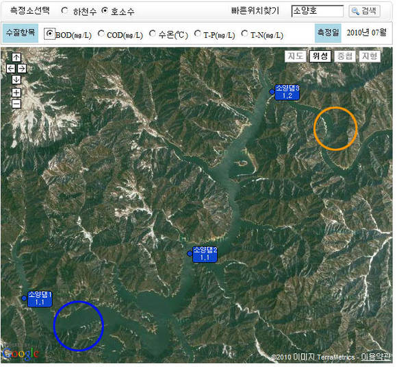 ▲ 2010년 7월 소양호 BOD. 푸른원이 하류 노란 원이 상류. 상류에 1.2가 하류에선 1.1이다.ⓒ