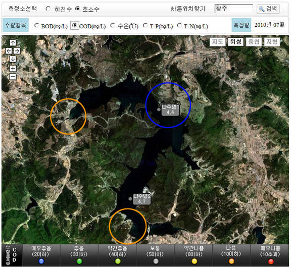 ▲ 2010년 7월 나주댐 BOD. 푸른원이 하류 노란 원이 상류. 상류가 4.7이지만 하류인 댐 앞은 4.4다.ⓒ