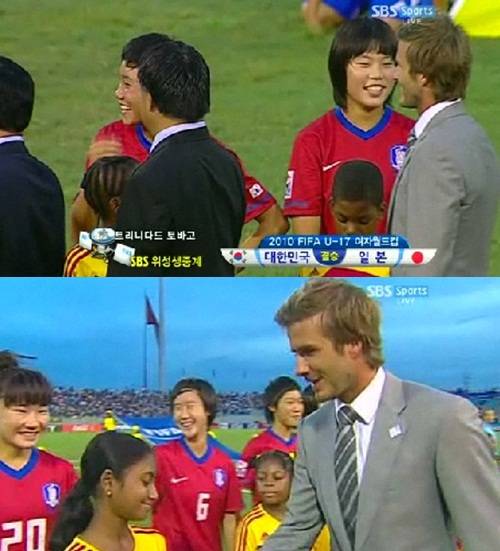 ▲ 경기시작 전 태극 소녀들과 악수를 나누는 베컴. 우리 선수들의 표정이 밝다. ⓒ방송화면