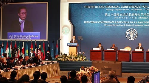 ▲ 이명박 대통령이 30일 오전 경주 현대호텔에서 열린 제30차 UN 식량농업기구(FAO) 아.태 지역총회 개회식에 참석해 축사를 하고 있다. ⓒ연합뉴스