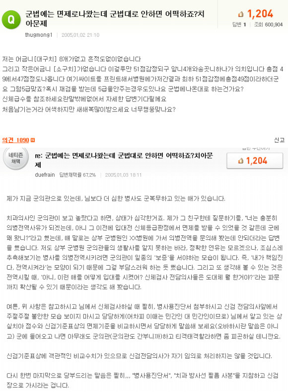 ▲ thugmong1이라는 아이디의 네티즌이 치아훼손을 통한 병역면제여부를 문의했다. 이 아이디의 주인공이 가수 mc몽으로 밝혀졌다. ⓒ네이버 지식인