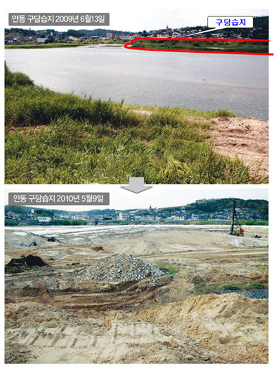 ▲ 지난 6월 한겨레가 지율스님이 보내온 사진으로 처리한 기사. 구담습지가 파괴됐다고 실은 비교사진은 습지가 파괴된 사진이 아니라 공사장 사진이었다.ⓒ