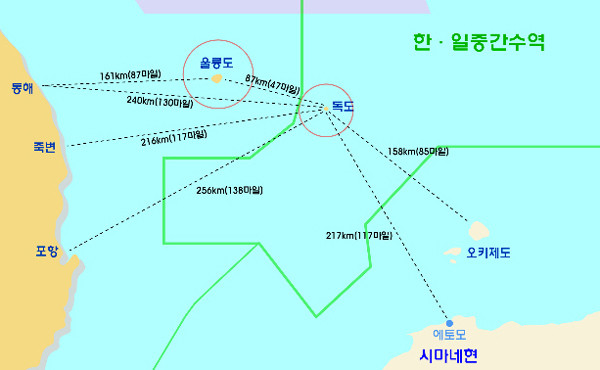 ▲ 독도을 중심으로 본 한일 양국 군항과의 거리. 가까운 울릉도에는 현재 해군 함정이 정박할 수 있는 시설이 없다.ⓒ