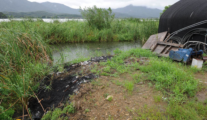 ▲ 하천변 비닐하우스인근에 어지럽게 놓인 농기구, 농자재들. 한쪽엔 쓰레기를 태운 자리가 선명하다.ⓒ