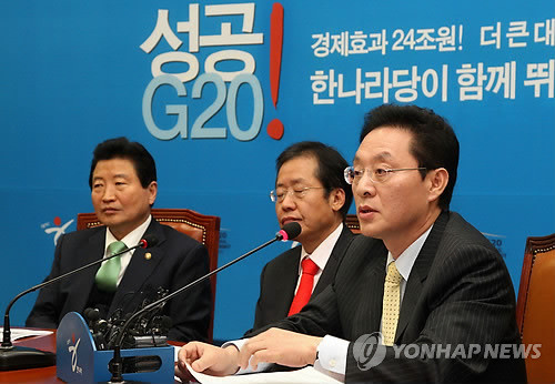 ▲ 한나라당 정두언최고위원이 28일 오전 국회 당 대표실에서 열린 최고위원회의에서 감세 정책과 관련, 발언하고 있다