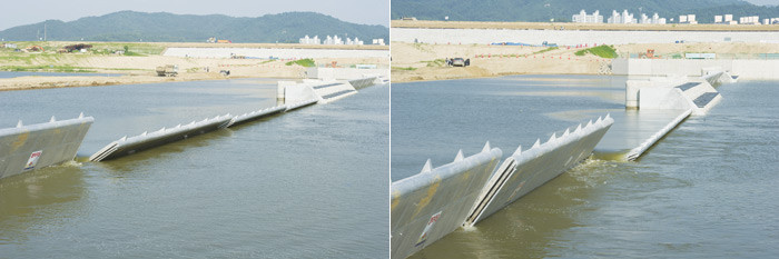 ▲ 금남보 전체 348m 중 223m는 전동식으로 수문이 열리는 가동보이다. 평상시에는 보에 물을 가두고 있다가 물의 양이 많아지면 수문을 열어 물이 흘러가도록 한다. 수문의 기울기에 따라 흐르는 물의 양을 조절할 수 있다.