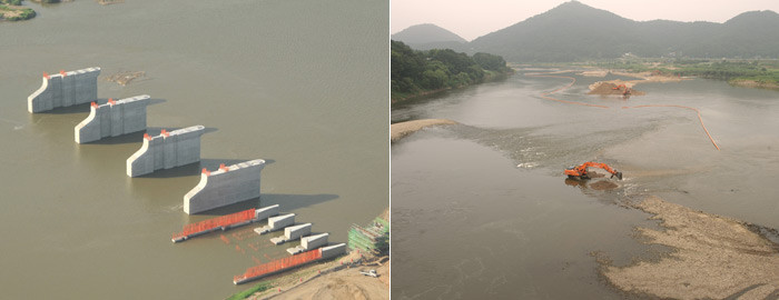 ▲ [좌측] 홍수에도 끄떡없던 4대강 보 건설현장. 사진은 금강6공구 부여보.  [우측] 금강 쌍신지구의 준설 작업후 물의 흐름이 정상이다.