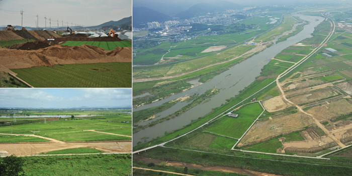 ▲ [좌측상단] 농경지 리모델링을 위해 비닐하우스를 철거하고 표토를 걷어내 모아두는 작업을 하고 있다. [좌측하단] 영산강4공구 고동지구 농경지 리모델링 사업 현장 [우측] 영산강 4공구 금천면 신천리 만봉천 합류부 주변(농경지 리모델링 사업 현장)