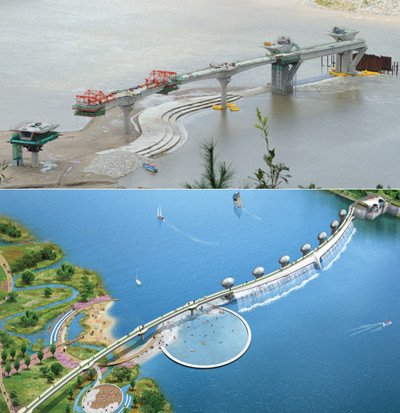 ▲ [상단] 한강 이포보 공사 현장 현재 35.3%의 공정률을 보이고 있다.  [하단] 이포보와 수변공간의 완성 후 모습(조감도)