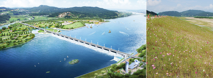 ▲ [좌측] 여주보와 수변공간 완성 후 모습(조감도)  [우측] 한강 2공구 여주군 전북지구 수변공간
