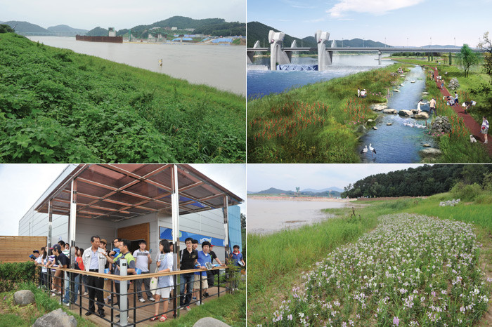 ▲ [좌측상단] 올여름 7·8월 집중호우에도 금강을 지켜낸 금강보  [우측상단] 금강보 완성후 물고기들이 자유로이 다닐수 있는 어도(조감도).  [우측하단] 세종1공구 나성제. 홍보관 앞 수변공간.  [좌측하단] 호서대 환경공학과 학생들이 금남보 홍보관을 방문했다.