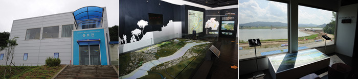 ▲ [좌측상단] 올여름 7·8월 집중호우에도 금강을 지켜낸 금강보  [우측상단] 금강보 완성후 물고기들이 자유로이 다닐수 있는 어도(조감도).  [우측하단] 세종1공구 나성제. 홍보관 앞 수변공간.  [좌측하단] 호서대 환경공학과 학생들이 금남보 홍보관을 방문했다.