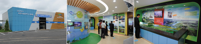 ▲ [좌측상단] 올여름 7·8월 집중호우에도 금강을 지켜낸 금강보  [우측상단] 금강보 완성후 물고기들이 자유로이 다닐수 있는 어도(조감도).  [우측하단] 세종1공구 나성제. 홍보관 앞 수변공간.  [좌측하단] 호서대 환경공학과 학생들이 금남보 홍보관을 방문했다.