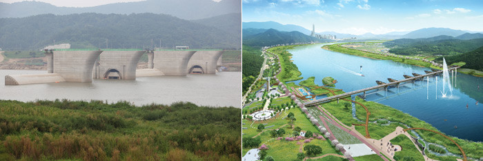 ▲ [좌측] 22공구 달성보 현재 36.3%의 공정률을 보이고 있다.  [우측] 완성 후 달성보와 수변공간(조감도)