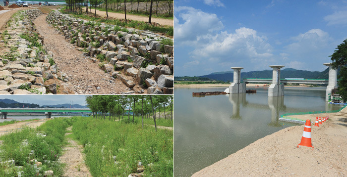 ▲ [좌측]경북 안동의 우안제 고수부지 우안실개천 공사전(上)과 공사후(下)의 모습 [우측] 조형미가 뛰어난 33공구 상주보